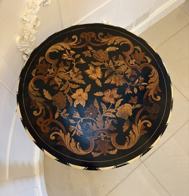 Quality Antique Italian Ebonised and Marquetry Inlaid Pedestal Occasional Centre Table/Plant Stand - Image 4